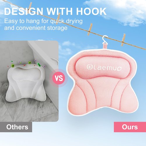 Olaemuo Bath Pillows for Tub, Bath Pillow Luxury Bathtub Pillow, Comfy Bath Tub Pillow for Bathtub for Head and Neck with Non-Slip Suction Cups for Tub, Relaxing Bath Accessories Spa Gifts-Pink