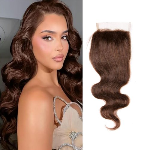 Chocolate Brown 4# Closure 4x4 Free Part Body Wave Closure Brazilian Human Hair Extensions Preplucked Bleached Knots Sew In Weave Virgin Hair Lace Front Closure For Women Wet And Wavy 20 Inch