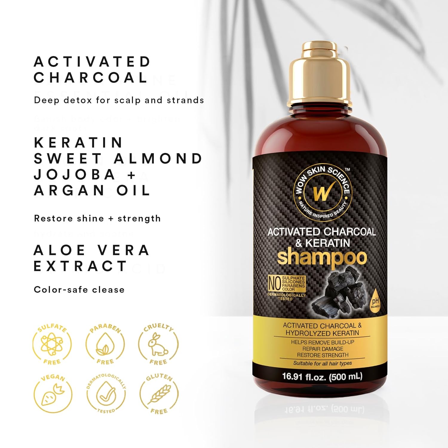 WOW Skin Science Activated Charcoal Shampoo - Deep Cleansing & Nourishing | 16.9 oz