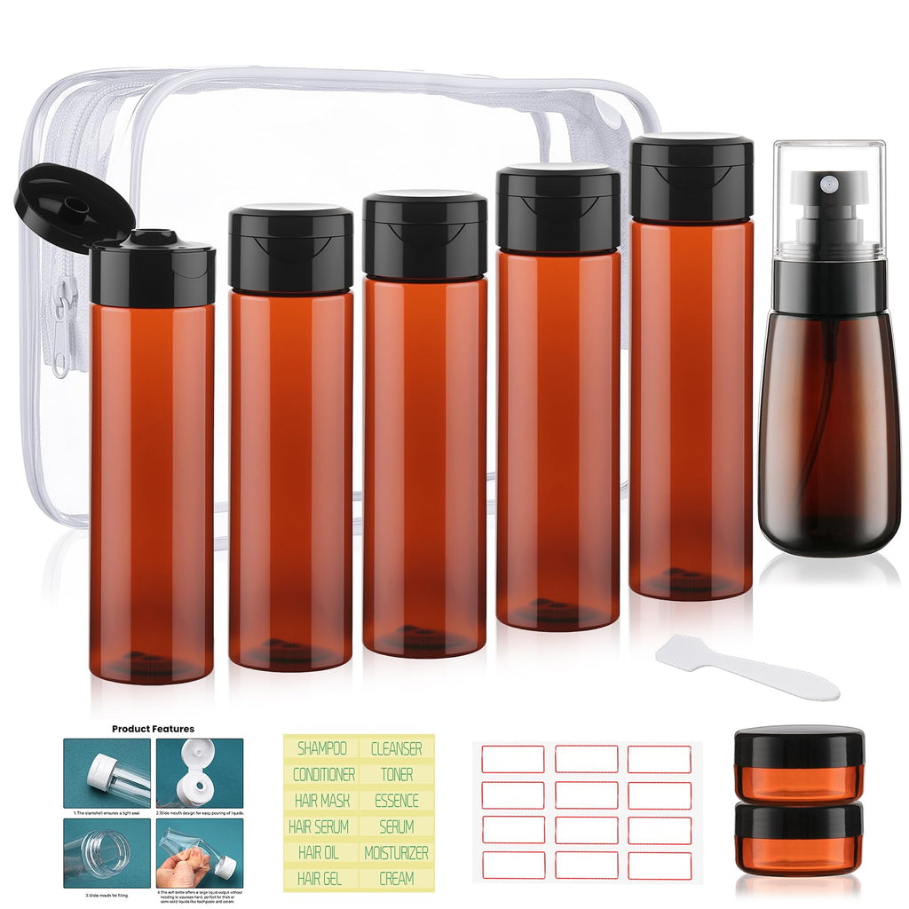 Wowang 9 PCS 3.4oz Travel Bottles for Toiletries TSA Approved Travel Size Containers Leak Proof Plastic Squeeze Bottle Small Cream Jars & Refillable Spray Bottle for Shampoo Conditioner Toner(Brown)