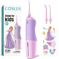 COSLUS C31 Kids Water Dental Flosser Deep Cleaning Picks Portable 4 Modes for Ages 6+ Safe Waterproof Rechargeable with 2 Jet Tips for Gums Care Pink Purple
