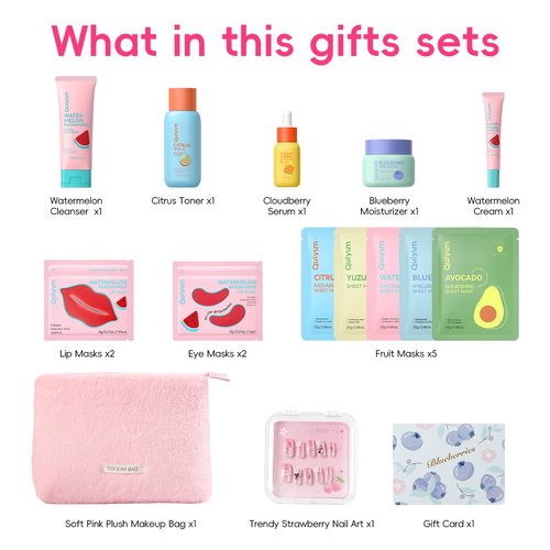 QUIYUM Fruit Skincare Set - with Pink Plush Makeup Bag & Strawberry Nail Art, Hydrating Moisturizing Glowing Oil Control Facial Care, Spa-Like at Home, Perfect Teen Girl Gifts Trendy Stuff