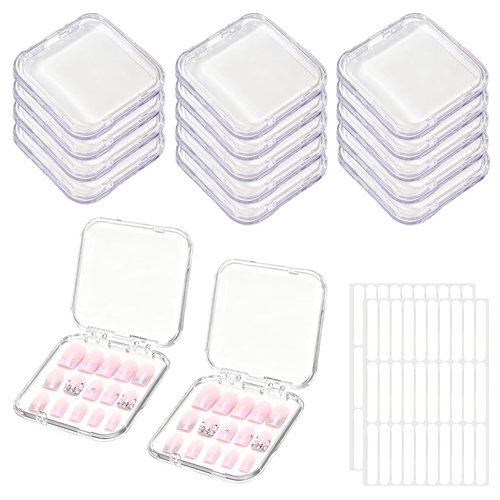 BMHHWAI 14Pcs Press On Nail Storage Box with 60Pcs Adhesive Double Sided Tape, Press on Nail Packaging Supplies False Nails Display Cases Boxes for Nail Art Salon Business(Clear)
