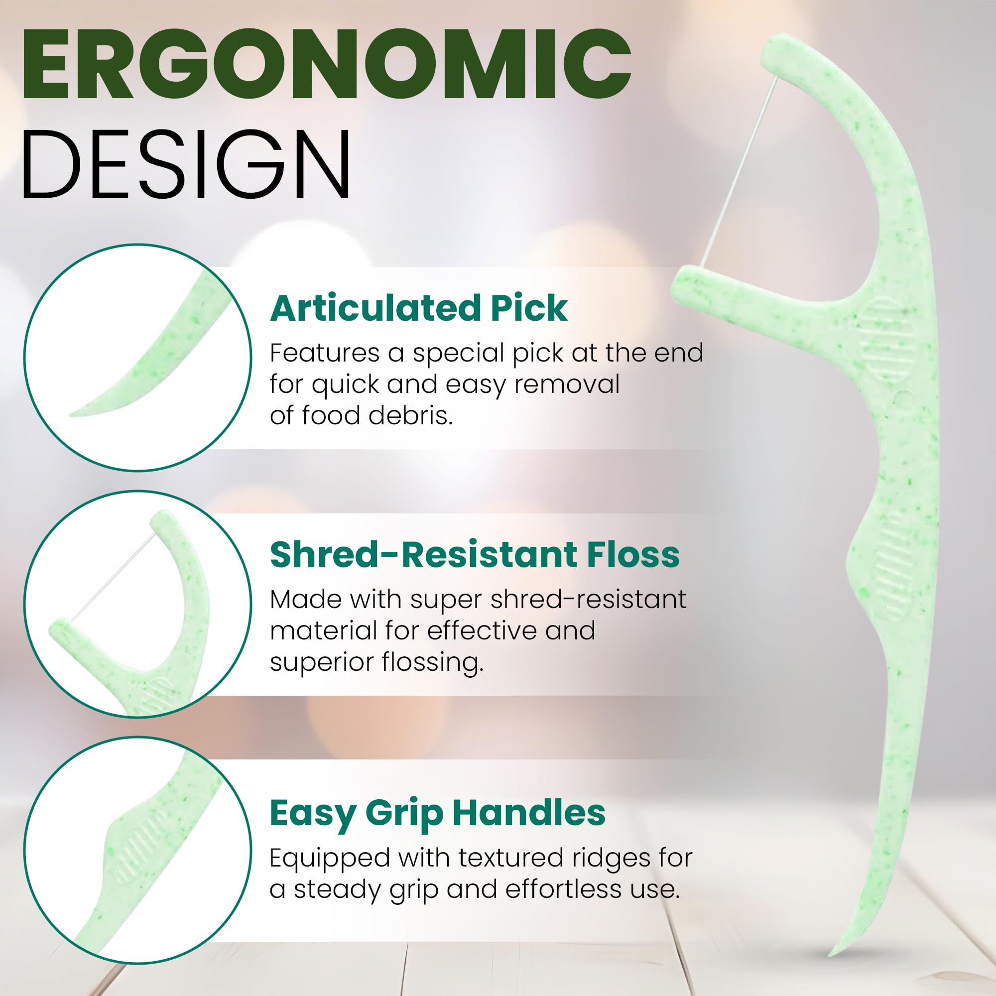 Ziva Eco Biodegradable Mint Dental Floss Picks – 200 Count (4 Packs of 50) | PFAS‑Free | Shred‑Resistant Mint Thread | Unbreakable Corn‑Starch Handle | for Tight Teeth & Daily Oral Care