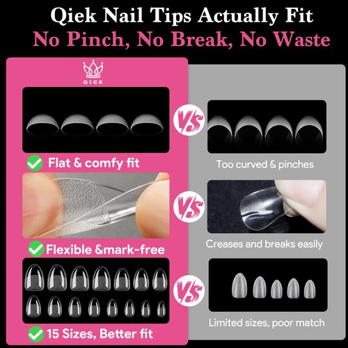 Qiek Extra Short Almond False Nail Tips, 15 Sizes 510 PCS Clear Soft Press On Fake Nail Pre-shaped Half Matte Full Cover Gel Nail Tips Extensions Thick Long Lasting for DIY Beginners & Salon Manicure