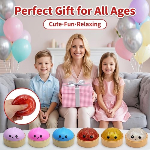Dumpling Squishy - Colorful Glitter Stress Balls | Fun Fidget Sensory Toy for Easter Basket (Pink)