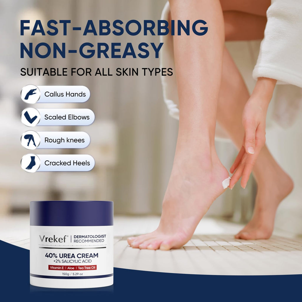 VREKEF Urea Cream 40 Percent for Feet Maximum Strength, Urea Cream 40% Plus Salicylic Acid 2%, Foot & Hand Cream for Dry Cracked