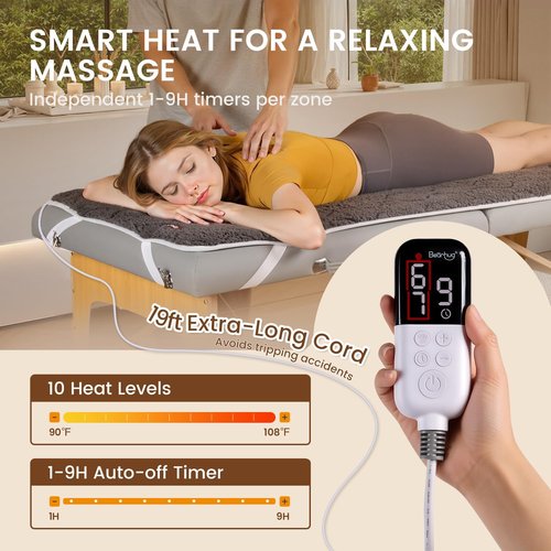 Bearhug Massage Table Warmer - Dual-Zone Heating Pad with 10 Levels & Timer | 30” x 71”, Dark Grey Sherpa Wool, Machine Washable