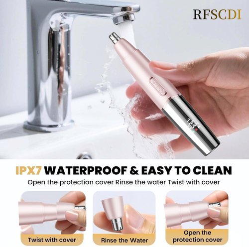 RFSCDI 5-in-1 Rechargeable Nose & Facial Hair Trimmer - IPX7 Waterproof Dual Edge Grooming Kit for Men & Women, Perfect for Hair Removal of Nose, Eyebrows, Arm, Bikini, and Ear Hair (Pink)
