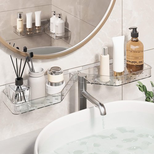 Skiennix Corner Shower Caddy - Wall Mounted Acrylic Shelf with Adhesive Tapes & Drainage Holes | No Drilling, Adjustable Angles