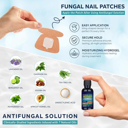 Toenail Fungus Treatment Extra Strength Kit: Nail Repair Liquid Solution and Patches - Nighttime Nail Patches Renewal - Fast Acting Drops with Undecylenic Acid, Natural Oil for Toe Finger Nails