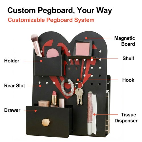 Magnetic Pegboard Organizer for Office Desk, Makeup Vanity, Stationery Storage, Gaming Desktop with 4 Metal Accessories Drawer Holder Hooks Modular - Home Decor Tabletop Display Kids Room - Black