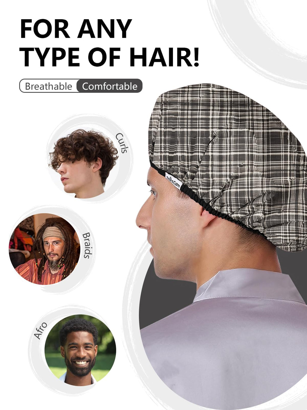 Years calm Men Shower Cap Reusable Waterproof, Dual-Layer Design, Double-Sided Use,Protects Hair in Shower, Spa, Travel & Cooking, Adjustable Elastic for Comfortable Fit (Black Plaid, One Size)