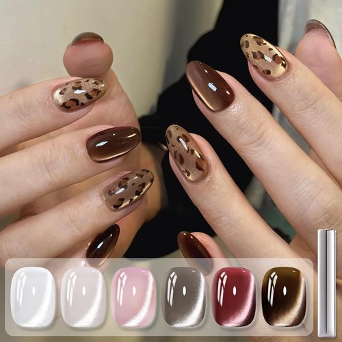 Born Pretty Cat Magnetic Eye Gel Nail Polish, 6 Colors Retro Magnetic Glitter Gel Polish Set Silver Pink Red Nail Polish Kit Soak Off LED Nail Art DIY Salon Gift