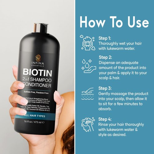 INFINA ESSENTIALS Biotin Shampoo & Conditioner - Hair Thickening Formula with Saw Palmetto, Keratin & Caffeine - 16 fl oz