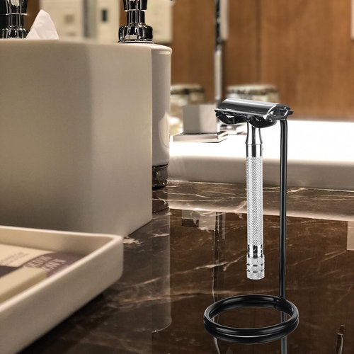 Linkidea Stainless Steel Safety Razor Stand, Men's Travel Shaving Razor Holder, Compatible with Gillette Fusion 5 Long Handle Safety Razor (Black)