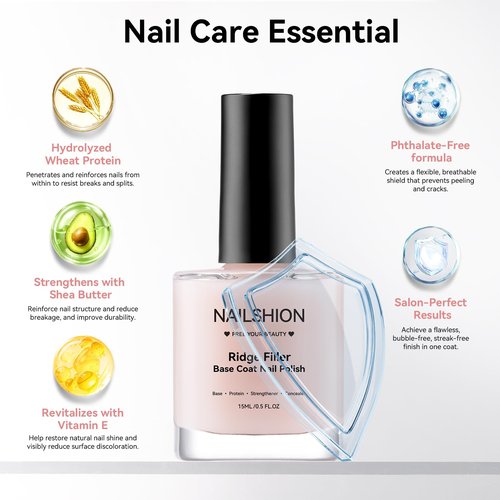 Nailshion Ridge Filler Base Coat 3-in-1 Nail Strengthener Growth for Damaged Uneven Nails & Ridges, Nourish VE & Protein-Fortifying Leveling Base for Smooth, Flawless Polish | Vegan Cruelty Free