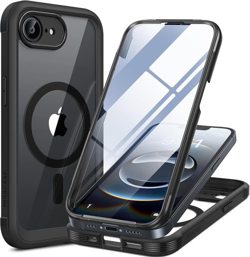 Miracase iPhone 17e & 16e Case - Full-Body Protection with Built-in Glass Screen Protector | Military Drop Proof, Black 6.1 Inch