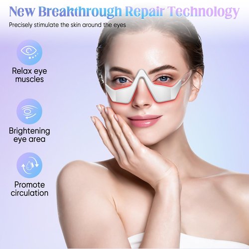 Under-Eye Light Therapy Device, Beauty Device with Eye Massage for Relieve Eye Bags, Eye Fatigue, Dark Circles, with Gel and Glasses Strap (White & 2 modes)