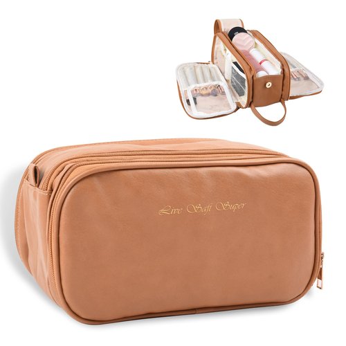 Live Saft Super Travel Makeup Bag - Large Capacity Cosmetic Bags For Women Portable Opening Travel Toiletry Bags, Waterproof PU Leather Pouch Open Flat Makeup Organizer With Handle and Divide Brown
