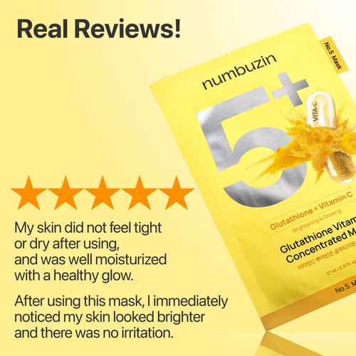 numbuzin No.5 Sheet Mask | Vitamin Spotlight Sheet Mask | Glutathione and Vitamin C | Reduces Hyperpigmentation, Improves Skin Complexion | Gentle and non-irritating | 5 sheet