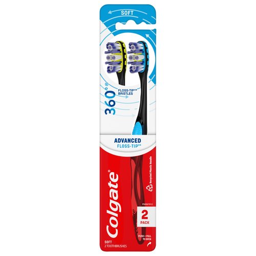 Colgate 360 Advanced Floss Tip Soft Bristle Toothbrush, 17x Thinner Bristles for Deep Reach Between Teeth, Ergonomic Handle with Soft Bristles and Tongue Cleaner, 2 Pack