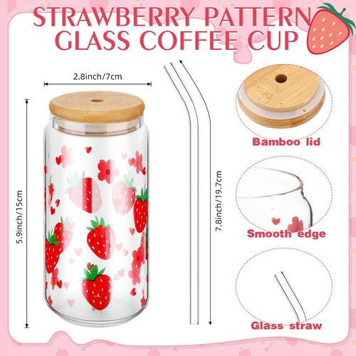 Bulyoou Strawberry Gift Set, Included 16oz Glass Cups with Lids and Straws Waterproof Travel Bag Pouch Strawberry Makeup Bag and Corduroy Tote for Women Christmas Birthday Mothers Day
