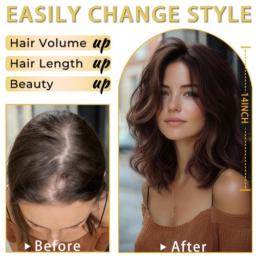 TYQ Hair Toppers for Women with Thinning Hair,14 Inch 360° 3D Synthetic Curly Wavy Side Part Clip in Bangs(Light wine red)