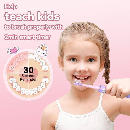JTF Rechargeable Electric Toothbrush for Kids: 5 Gentle Modes for Ages 3+, Safe & Effective for Sensitive Teeth - with Fun DIY Stickers, 4 Soft Brush Heads, Children Sonic Toothbrush for Home & School