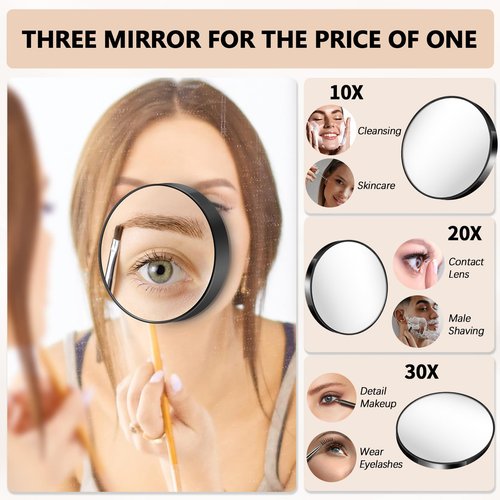 Magnifying Mirror, 10X & 20X & 30X Set, Magnified Mirrors 3.5" with Two Suction Cups, Travel Magnifying Mirror Set Comes with Portable Storage Bag, Compact Small Magnified Mirrors for Travel(White)