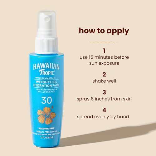 Hawaiian Tropic Weightless Hydration Water Mist SPF 30 - Travel Size Hydrating Face Spray, 2.1 Fl Oz