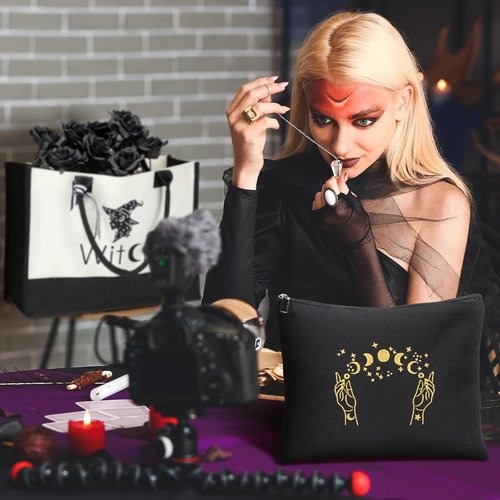 Abbylike 2 Pcs Halloween Canvas Tote Bag for Women Moon Witch Zipper Pouch Bag Goth Makeup Bag Witch Witchy Stuff Embroidery Shopping Handbag Gift for Coven Beginners Tarot Card