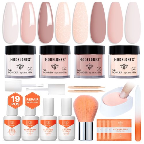 Modelones Dip Powder Nail Kit - 4 Spring Summer Nude Pink Glitter Colors | Complete DIY Manicure Set