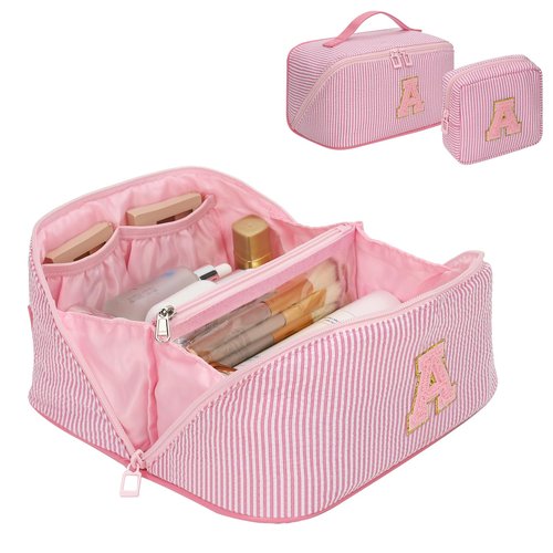 Easter Basket Gifts for Girls Women - Travel Makeup Bag for Women, 2Pcs Portable Personalized Initial Makeup Organizer Bag, Open Flat Large Cosmetic Bag With Travel Essential Pouch (Pink Letter A)