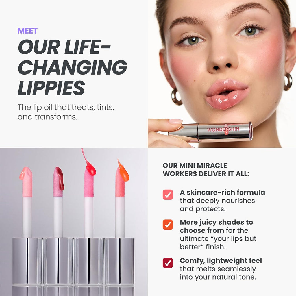 Wonderskin Lip Oil Rehab Serum - Hydrating Tinted Lip Oil for Dry Lips | Non-Sticky Deep Red Tint (Honey)