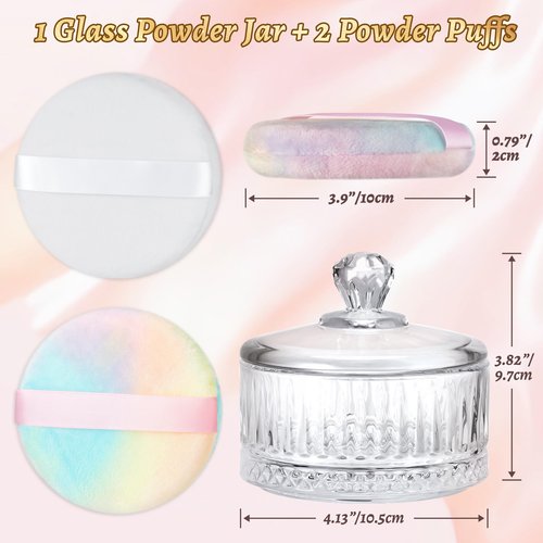NiHome Large Powder Puff with Container Set, Glass Powder Puff Holder with Lid and 2 Ultra-Soft Velvet Puffs, Elegant Crystal Glass Storage Jar for Loose Powder, Body Powder and Setting Powder