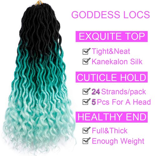 Ouyafei 5Pack Wavy Faux Locs Braids Crochet Hair 20inch Ombre Green Braiding Hair Goddess Locs with Curly Ends Synthetic Twist Crochet Hair Extensions (1B/Green/Light Green#,500g/Lot)
