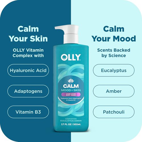 OLLY Calm Body Wash - Nourishing Cleanser with Hyaluronic Acid & Adaptogens | Eucalyptus Amber Scent, 17oz
