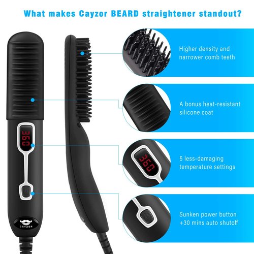 Cayzor Beard Straightener Comb for Men - Upgraded Professional Electric Mens Beard Straightening Heated Brush Portable Anti-Scald 5 Adjustable Temperatures & LCD Display with Carrying Bag