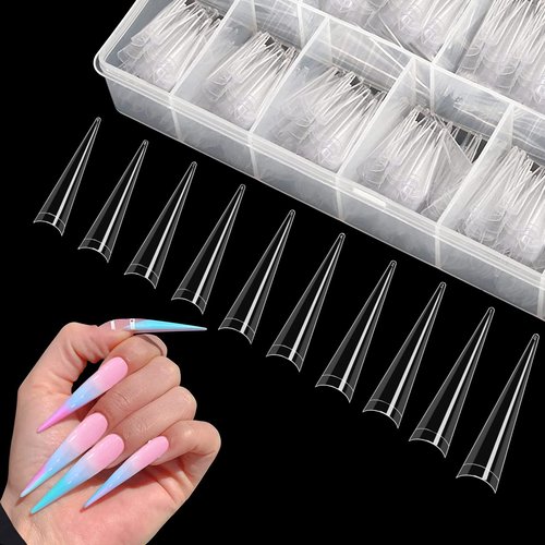 500pcs XXL Stiletto Nail Tips, Clear Half Cover Stiletto Nail Tips for Acrylic Nails, 10 Sizes False Nail Tips for Nail Extension with Box
