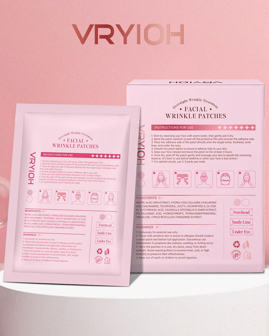 Vryioh Forehead, Smile Line & Under Eye Wrinkle Patches, 3 IN 1 Overnight Facial Wrinkle Treatment with Hyaluronic Acid, Collagen to Lift Lines for Women, 60 Patches