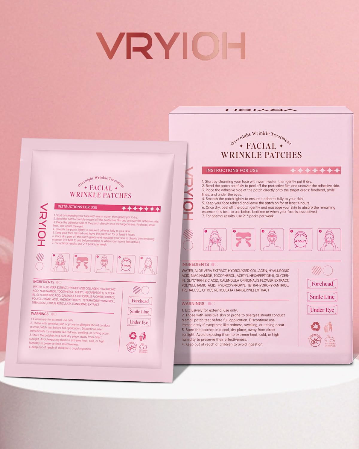 Vryioh Forehead, Smile Line & Under Eye Wrinkle Patches, 3 IN 1 Overnight Facial Wrinkle Treatment with Hyaluronic Acid, Collagen to Lift Lines for Women, 60 Patches