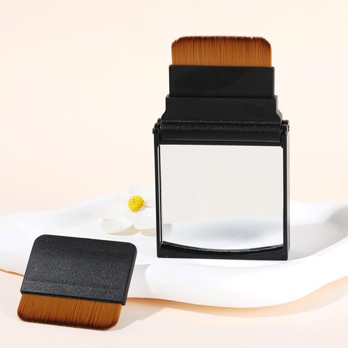 ENERGY Kabuki Brush Flat 2PCS Portable Folding Case with Mirror – Travel Makeup Brush for Foundation, Powder & Contour, Compact Mini Cosmetic Tool with Magnetic Closure Vegan for Purse or Travel Bag