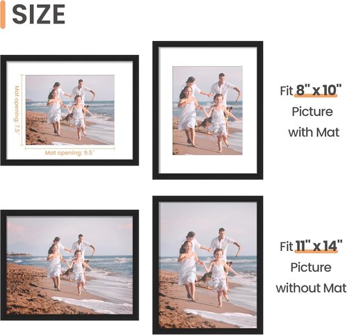 Upsimples 11x14 Picture Frame - Versatile Display for 8x10 Photos with Mat or 11x14 Without Mat - Black, 1 Pack