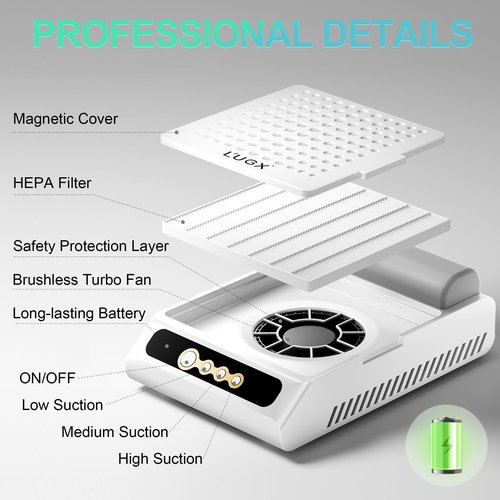 L'UGX Rechargeable Nail Dust Collector, Professional Brushless Turbo Dust Collector Nail Tech, Powerful Dust Suction Machine Manicure Pedicure Tool for Acrylic Nail Polishing, Low Noise, 2Pcs Filters