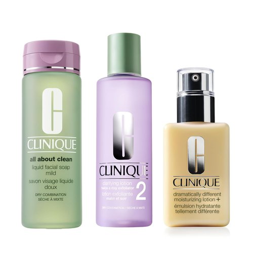 Clinique 3-Step Face Care Set - Liquid Soap, Exfoliating Lotion & Moisturizer for Dry Skin