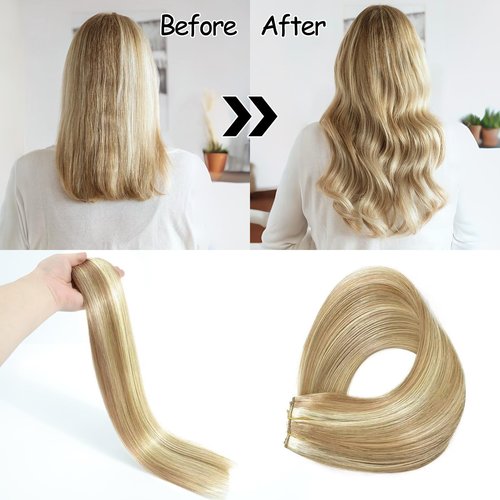 14 Inch Hair Extensions - Light Blonde to 613 Blonde Straight Human Hair With Transparent Fish Line Invisible Hairpiece - Hidden Wire
