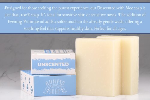 Adams Handmade Soap Unscented Pure Castile Bar Soap – 4.5 oz | With Evening Primrose Oil | Vegan, Cold Process, 84% Organic, Fair Trade, No Fragrance, Sensitive Skin Safe, USA Made
