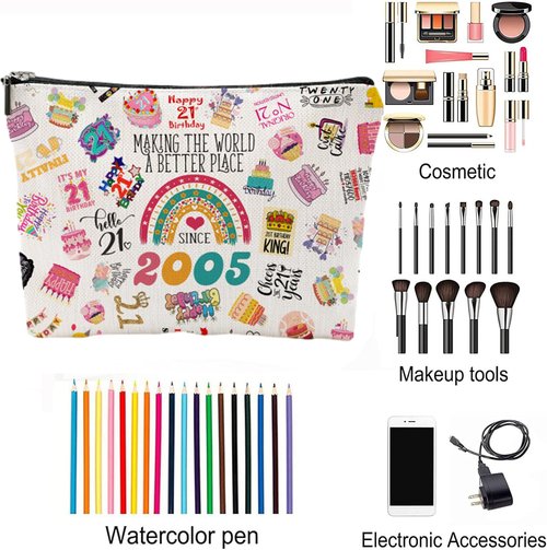 NONETH 21st Birthday Gifts for Her, 21 Year Old Birthday Gifts for Her, Sister, 2005 Birthday Makeup Bag & Travel Toiletry Bag, Unique Happy 21st Birthday Decorations & Party Favors & Gifts for Women