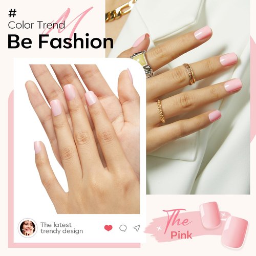 Modelones Press On Nails - Reusable Pink Short Square Fake Nails Kit | 32 Pcs, 16 Sizes, Includes Glue & File